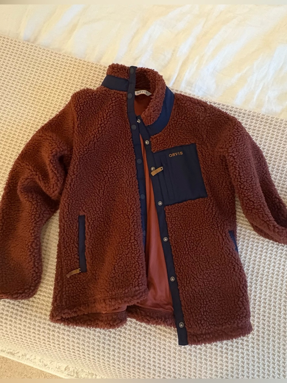 Orvis Rust Teddy Jacket with Navy Trim and Chest Pocket